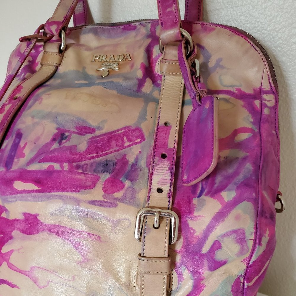 XL Prada Leather Purse tote hobo bag tie dyed painted pink beige purple tan blue - Picture 13 of 15